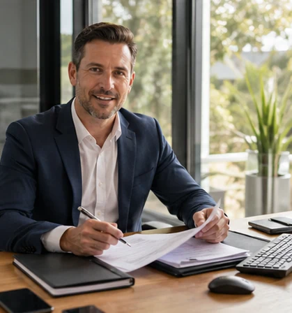 Finance specialist reviewing lending paperwork with clients