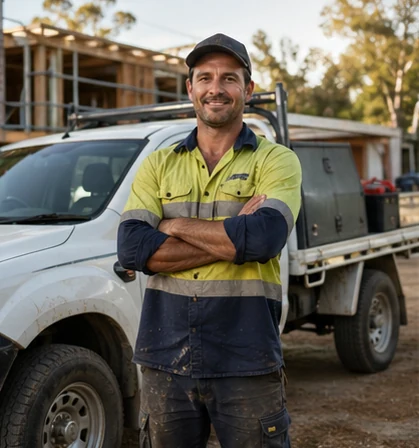 Australian tradie beside a white work ute