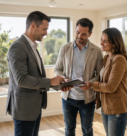 Couple inspecting property with a professional