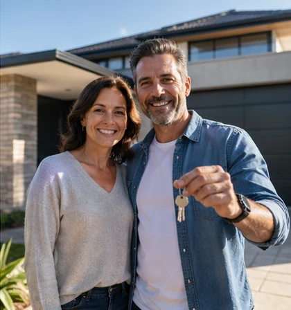 Australian couple outside a home holding keys